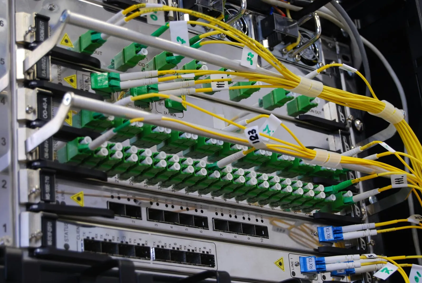 Fiber optic patch panel with labeled cables